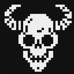 Human skull with horns pixel art icon, creepy demon character isolated on white background vector illustration. 1-bit sprite. Design stickers, logo, mobile app, embroidery.