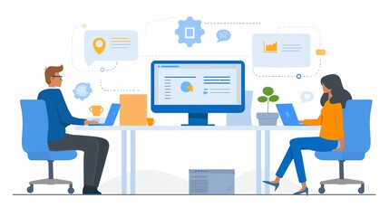 Two professionals working on laptops in a modern office with digital charts and communication icons displayed on screens.