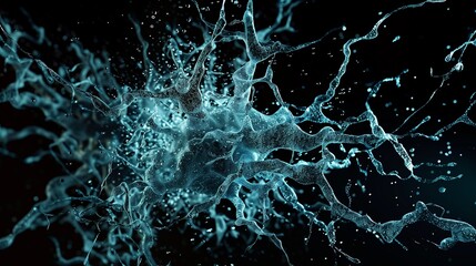 /imagine: An abstract image portraying a neuron-like structure exploding in various shades of blue against a dark black backdrop, resulting in a visually stunning and intricate composition.