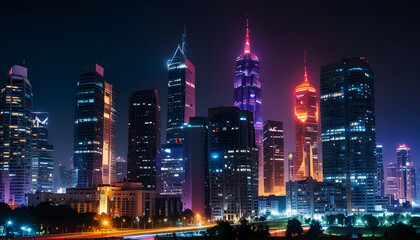 Obraz premium Night view of a modern city with colorful lighting skyscrapers building. Generative Ai 