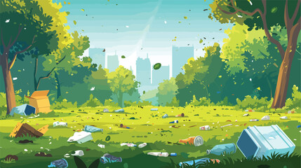 Dirty city park with scatter garbage cartoon background