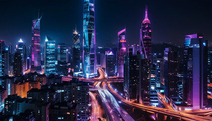 Obraz premium Night view of a modern city with colorful lighting skyscrapers building. Generative Ai 