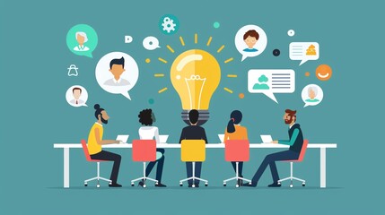 A diverse team collaborates around a table, exchanging ideas and insights, illustrated by a bright light bulb symbolizing creativity.