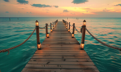 Obraz premium romantic wooden pier at sunset with a view over the ocean