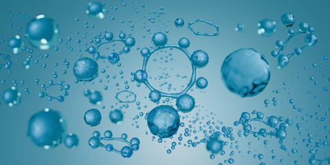 Cosmetic Essence, Liquid bubble, Molecule inside Liquid Bubble on water background, 3d render