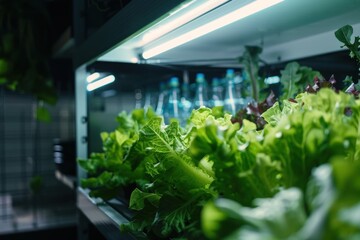 Lush green lettuce grows under artificial lights in a modern hydroponic system, representing efficient indoor agriculture.