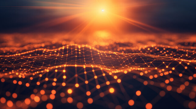 Bright network of interconnecting dots representing a complex digital data or social media network.