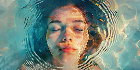 A woman's face portrait Close up beautiful woman face with eyes closed combined with water background on  copy space.