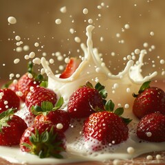 A wave of milk cascading over our fresh strawberries, showcasing their juicy sweetness.