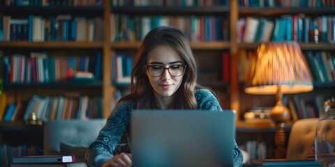 Young Woman Intently Studying on Laptop in Cozy Library Workspace
