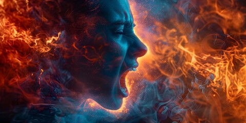 Intense and Dramatic Woman Shouting in Fiery Digital Concept of Human Emotions and Expressions