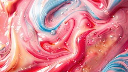 A detailed closeup of a vibrant red, white, and blue paint swirl showcasing a mesmerizing pattern...