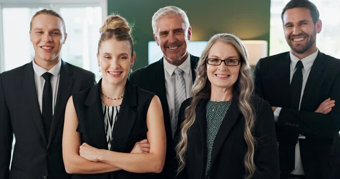 Face, group and business people in office, smile and professional with confidence, pride and justice system. Portrait, attorney and legal team with representation, corporate and lawyers in workplace