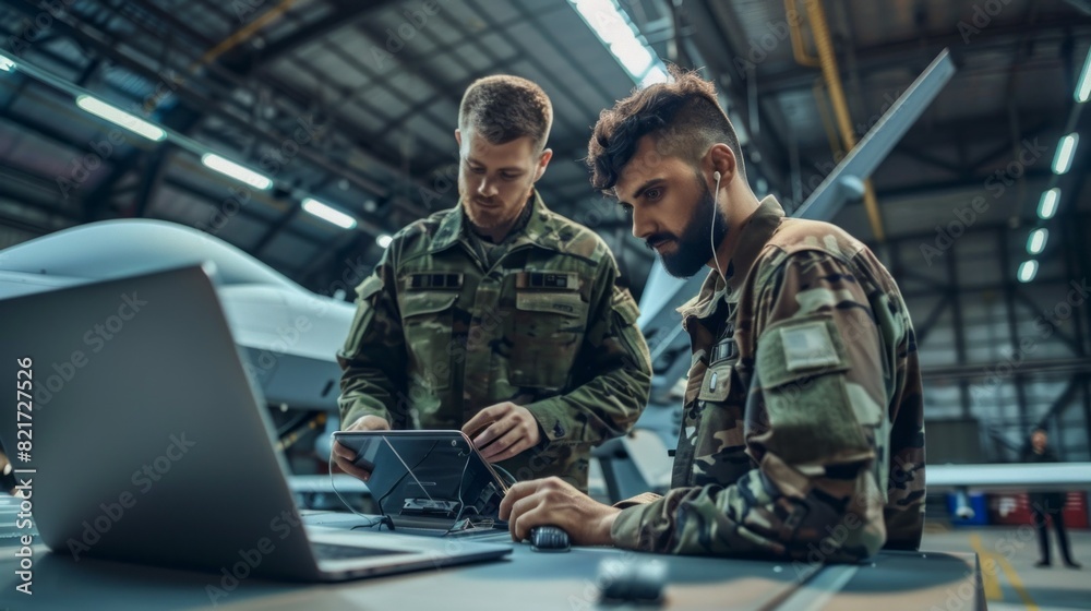 Poster two men in military uniforms are working on a laptop computer