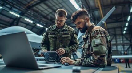 Two men in military uniforms are working on a laptop computer