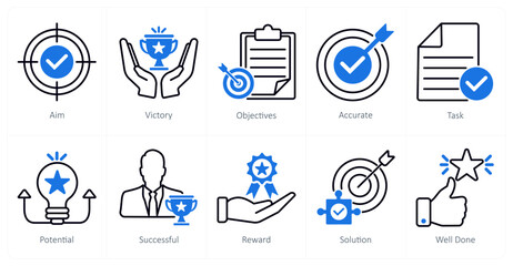 A set of 10 success icons as aim, victory, objectives