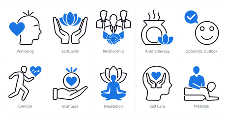 A set of 10 wellness icons as wellbeing, spirituality, relationship