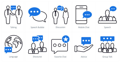 A set of 10 communication icons as talking, speech bubble, discussion