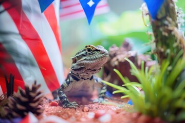 A lizard amidst an elaborately decorated terrarium with American flags, exploring its environment, vibrant and curious. 4th of July, american independence day, memorial day concept
