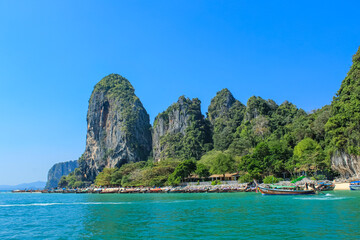 Panorama of beautiful sand Railay beach in Krabi province. Ao Nang, Thailand.