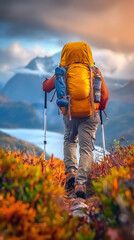A man is hiking up a mountain with a yellow backpack