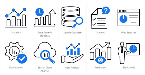 A set of 10 statistics icons as statistics, data growth statistics, search database