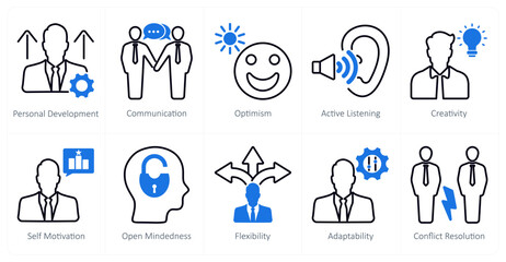 A set of 10 soft skills icons as personal development, communication, optimism
