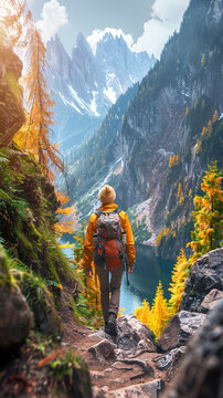 Alone hiker journeying across a tranquil mountain trail.