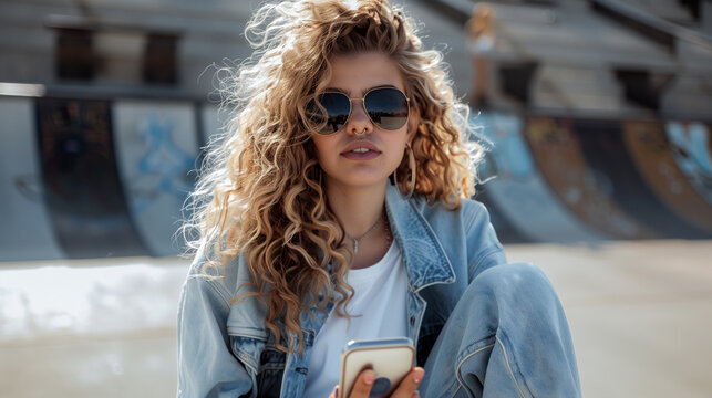 A curly hair young 20s girl using smartphone at skateboard park - Powered by Adobe