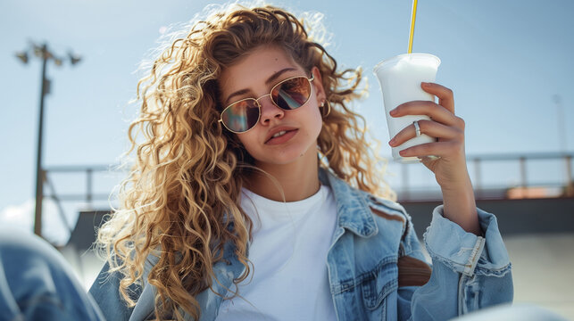 A curly hair young 20s girl, sitting and drinking a soda