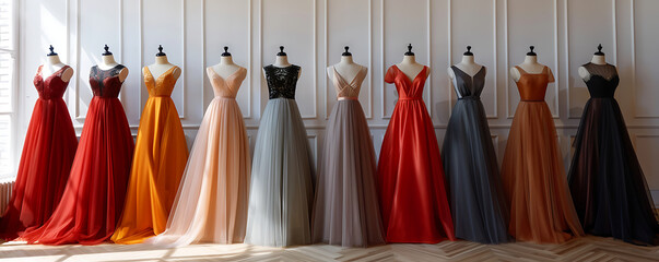 Colorfull Elegant wedding dresses for sale in modern shop boutique.