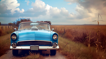 Blue retro car on a country road