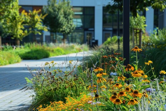 Vibrant landscaped garden outside a municipal building, with a variety of flowers and plants creating a welcoming public space.