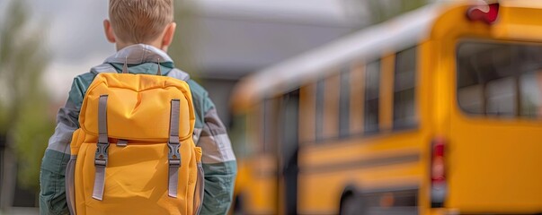 A young boy with a yellow backpack boarding a cl