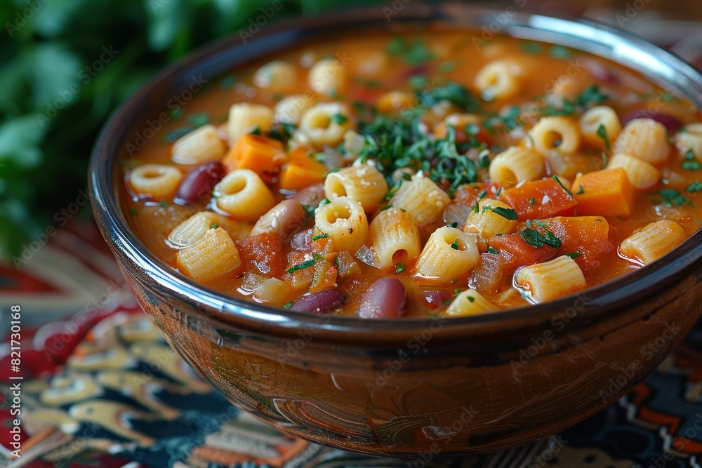 Wall mural Pasta e Fagioli: A hearty soup with pasta and beans, in a thick tomato broth.