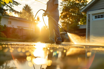 Man power washing concrete driveway with electric pressure washer in sunny suburban morning. Concept Home Maintenance, Pressure Washing, Driveway Cleaning, Outdoor Chores, Morning Routine AI
