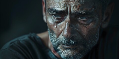 Emotional Man Showing Tears and Sadness High Detail Portrait with Cool Tones