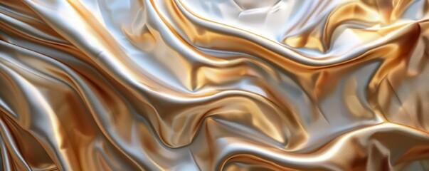 Fototapeta premium Luxury, Smooth Material Banner. Gold Glistening Fabric Background with Ripples and Folds. Generative AI.