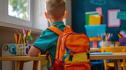 Boy sitting at desk with rucksack, rear view, back to school, classroom setting, focused on lessons, bright atmosphere