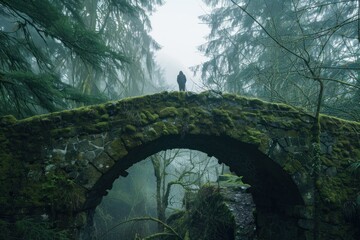 Person standing atop an ancient moss-covered stone bridge in a foggy, dense forest.