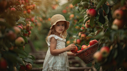 Cute girl picking apples in her grandmother's garden