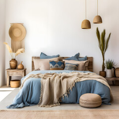The modern bedroom features a bed with blue and beige bedding, showcasing the farmhouse interior design.