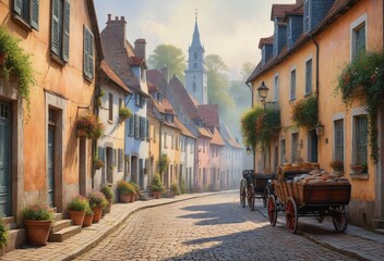 Obraz premium A serene village scene, showcasing a cobblestone street lined with old-world buildings and potted plants