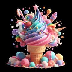 Ice cream in the center of the image  fantasy many colors black background