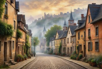 Naklejka premium Alpine Village Scene with Stone Buildings and Cobblestone Road