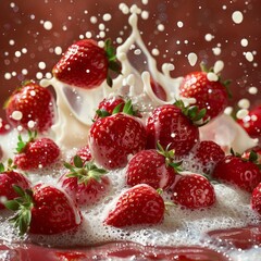 A wave of milk cascading over our fresh strawberries, showcasing their juicy sweetness.