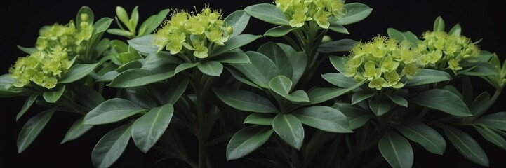 euphorbia flowers and leaves on plain black background from Generative AI