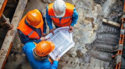 A group of engineers working together at a construction site, reviewing blueprints and discussing solutions to a structural challenge.