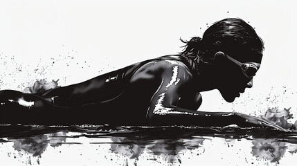 black and white illustration side view of female professional swimmer at pool, artistic sports