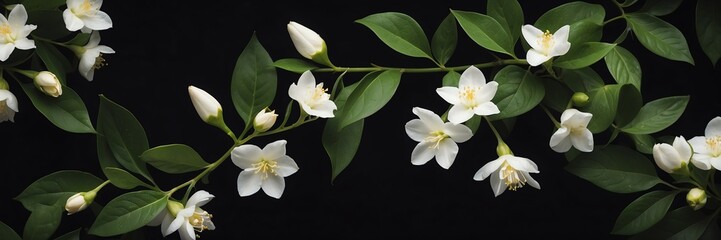 jasmine flowers and leaves on plain black background from Generative AI
